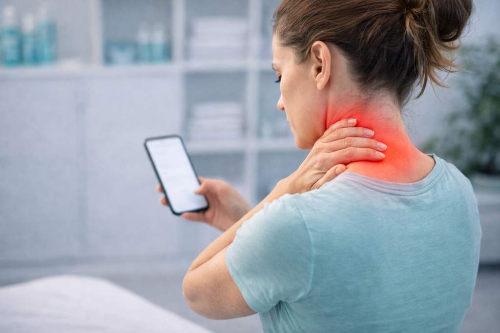 Mujer con dolor cervical por uso prolongado del celular recibiendo orientación fisioterapéutica