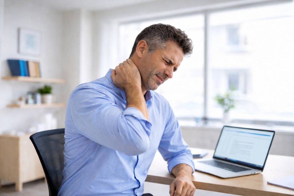 Persona con dolor de cuello por tensión en las cervicales y mala postura.