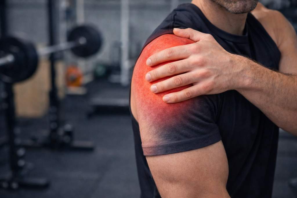 Persona con dolor en el hombro al de entrenar