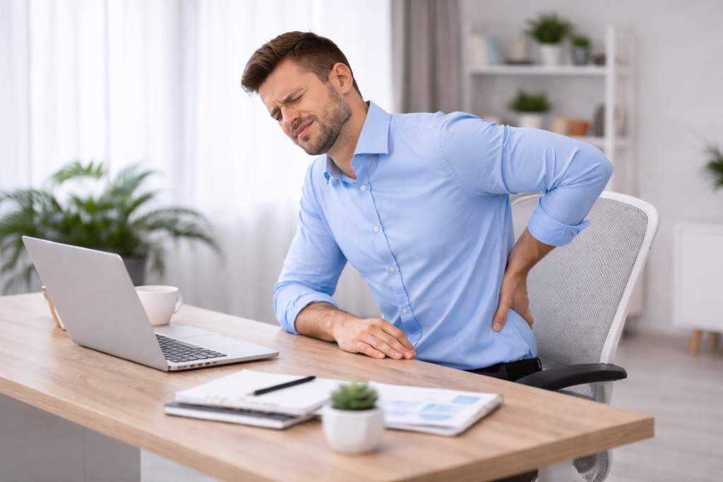 Persona con dolor lumbar en la zona baja de la espalda después de estar sentada trabajando en oficina, relacionado con fisioterapia y salud postural.