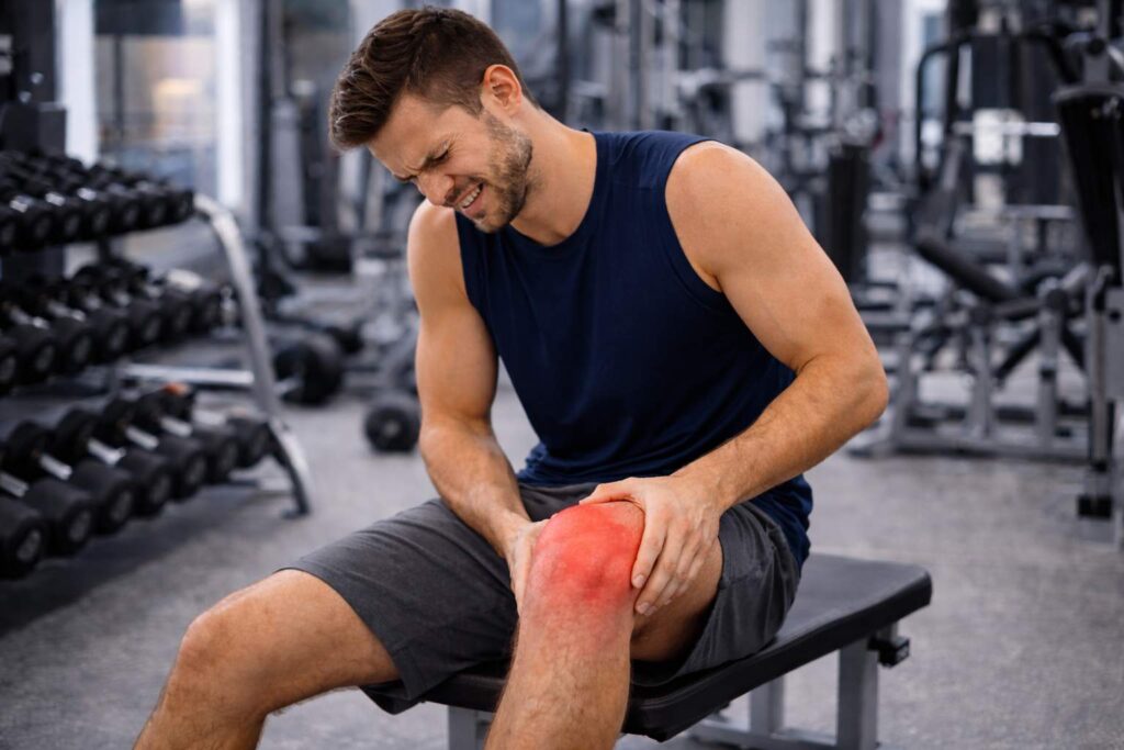 Hombre con dolor muscular después de entrenar en el gimnasio