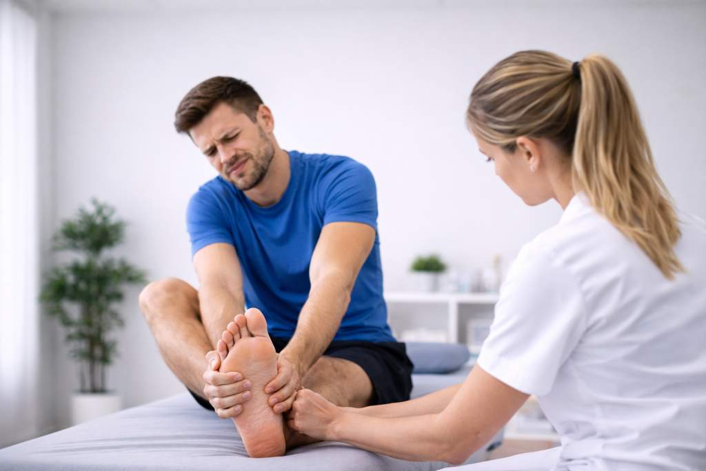Paciente recibiendo fisioterapia en el pie por dolor de fascitis plantar durante rehabilitación deportiva