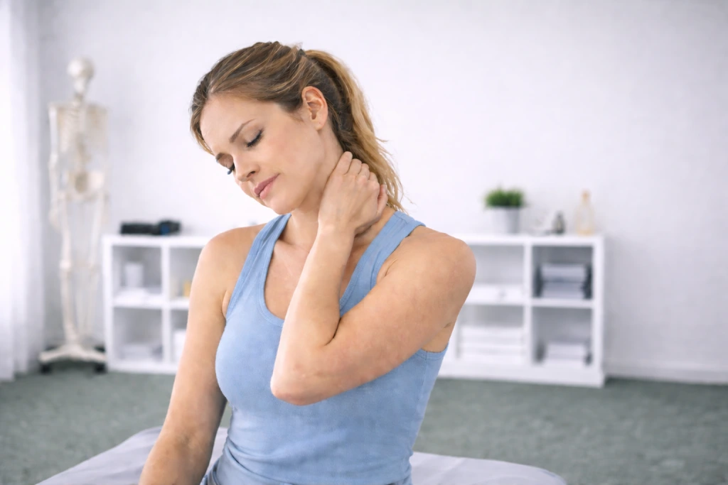 Mujer con dolor de cuello por contractura muscular en clínica de fisioterapia
