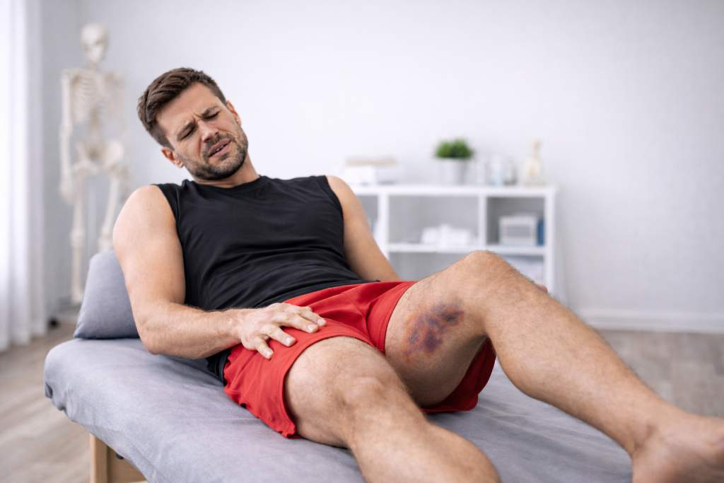 Deportista con dolor en el muslo posterior después de entrenar, posible desgarro muscular