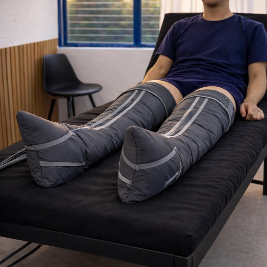 Paciente recibiendo descargas musculares con presoterapia en clínica de fisioterapia en Toluca