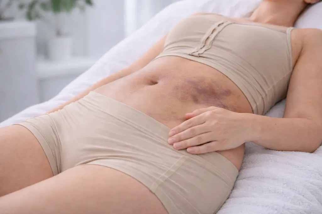 Abdomen en recuperación después de liposucción con inflamación leve tratado con fisioterapia dermatofuncional