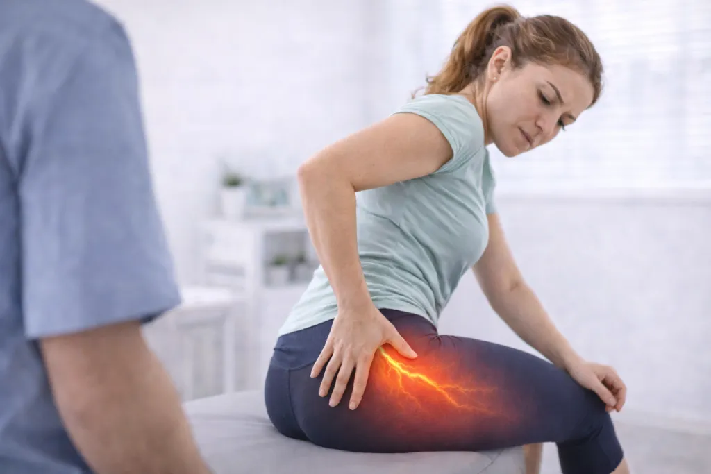 Paciente con dolor ciático en la pierna durante valoración de fisioterapia