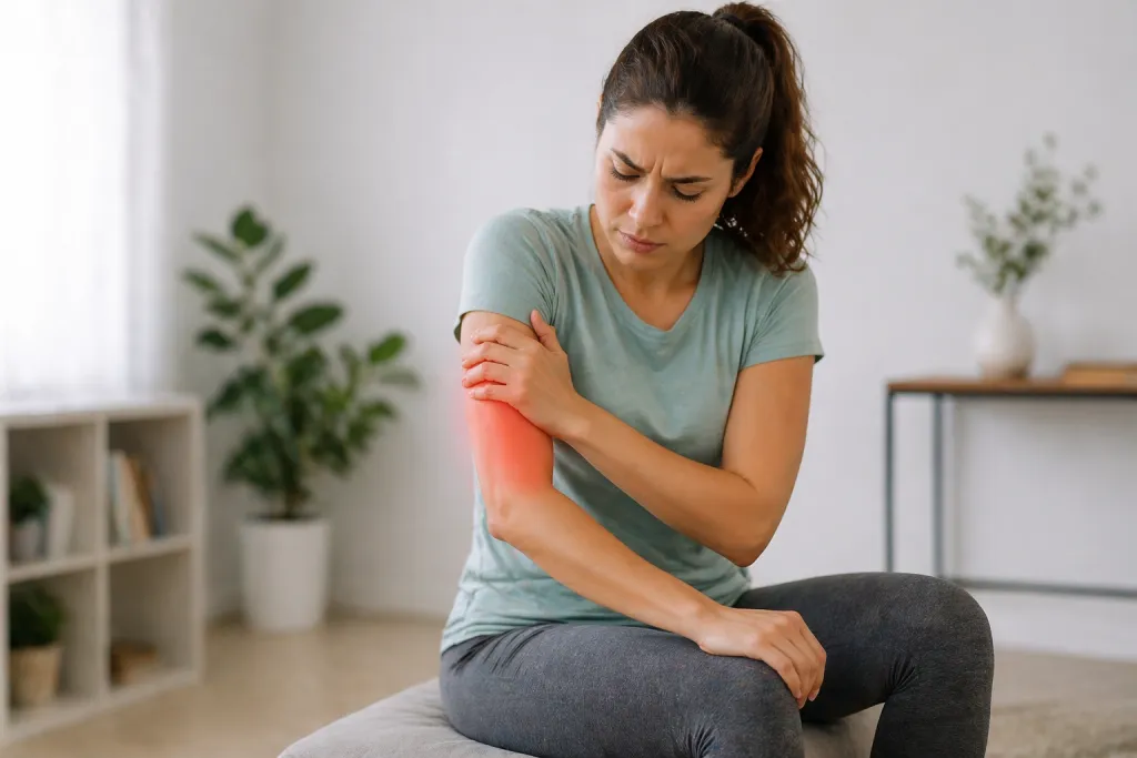 Paciente con dolor muscular en el brazo realizando autoevaluación