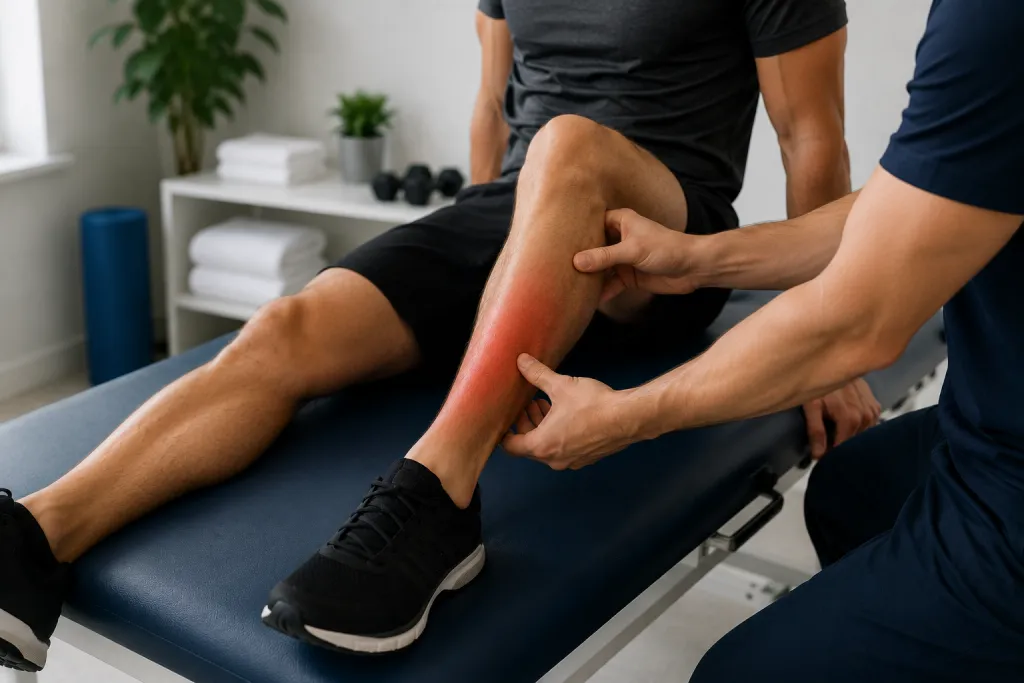 Paciente recibiendo fisioterapia deportiva por dolor en la espinilla al correr