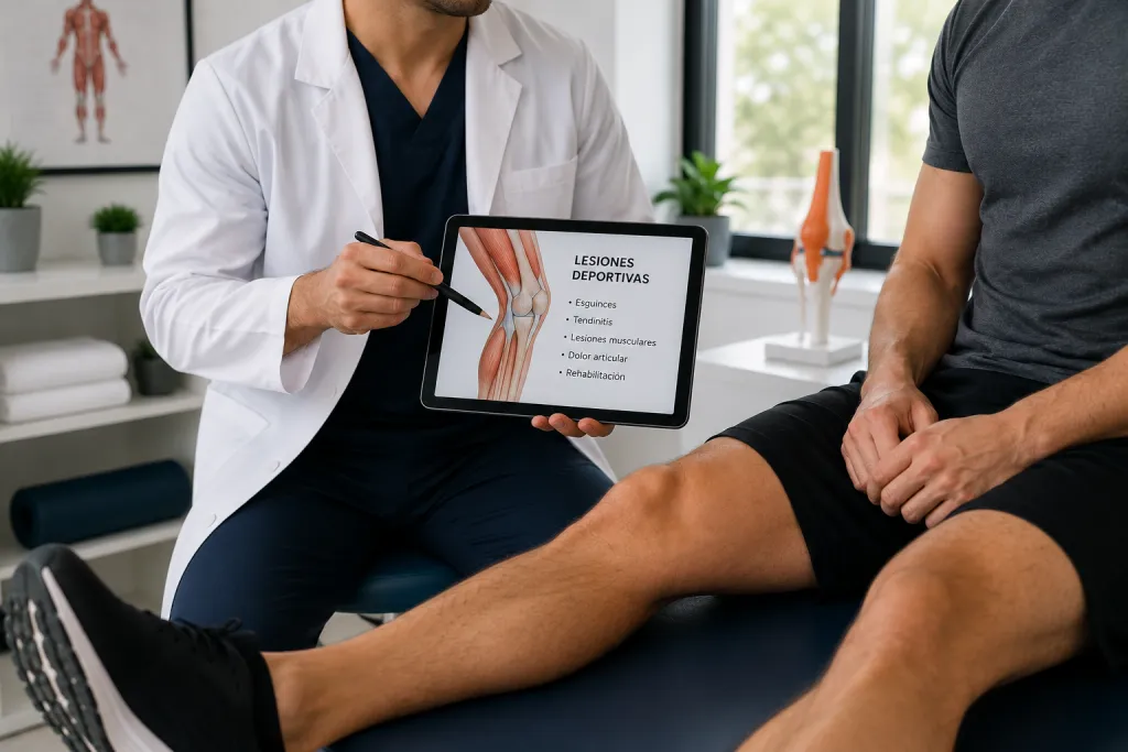 Médico del deporte realizando valoración de lesión deportiva a un paciente