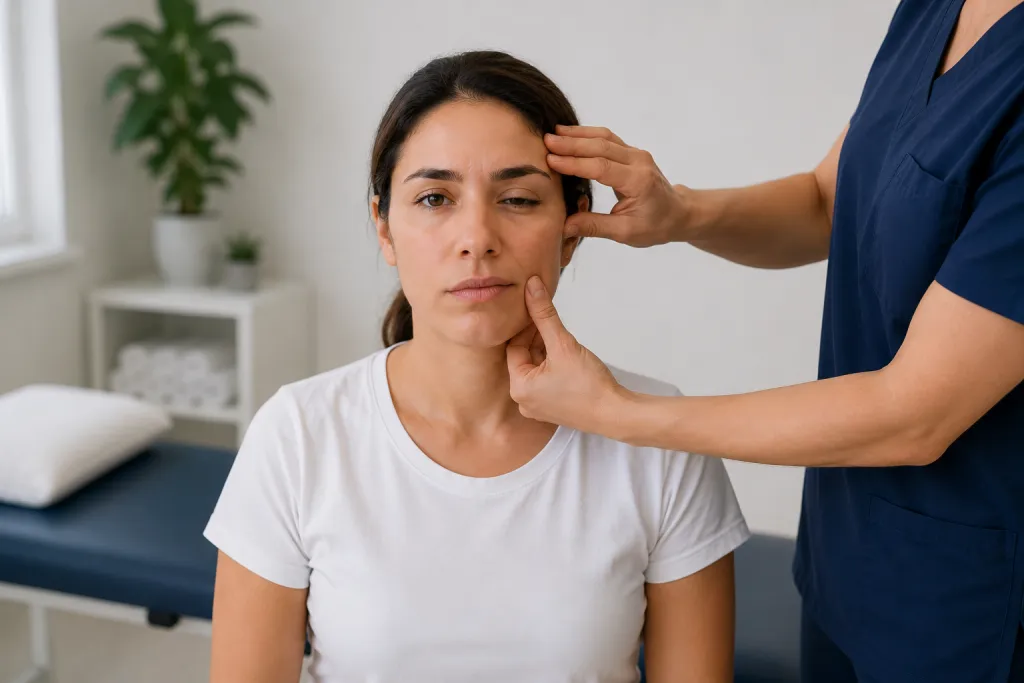 Paciente recibiendo fisioterapia para parálisis facial durante rehabilitación facial