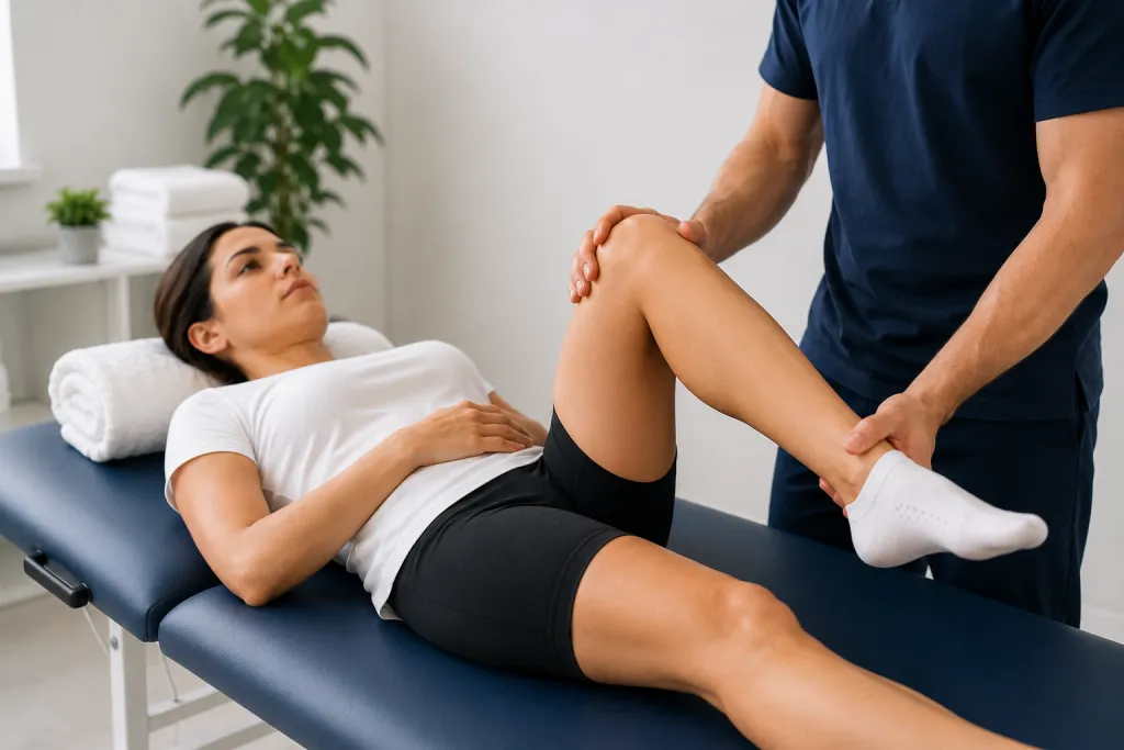Paciente realizando rehabilitación postoperatoria de rodilla con fisioterapia