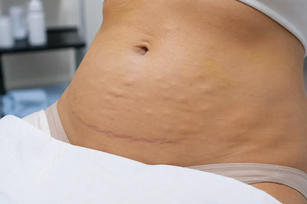 Abdomen con pequeñas bolitas durante la recuperación de una cirugía estética tratadas con fisioterapia dermatofuncional