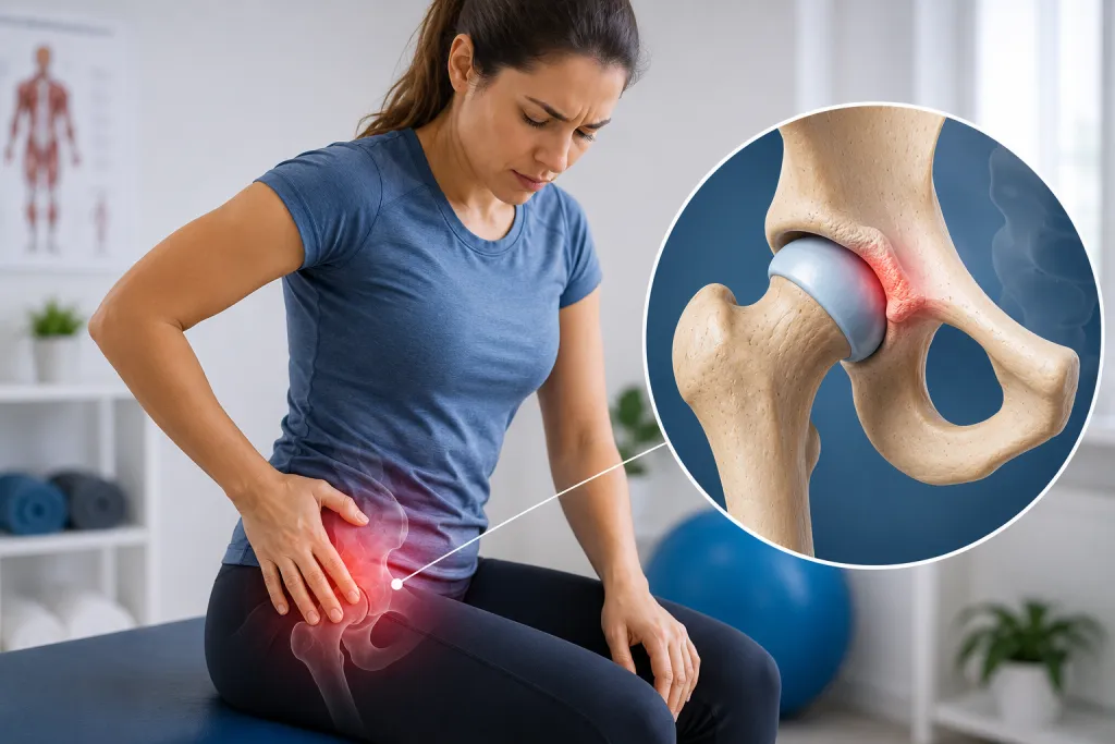 Paciente con dolor por pinzamiento de cadera e ilustración anatómica de la articulación de la cadera