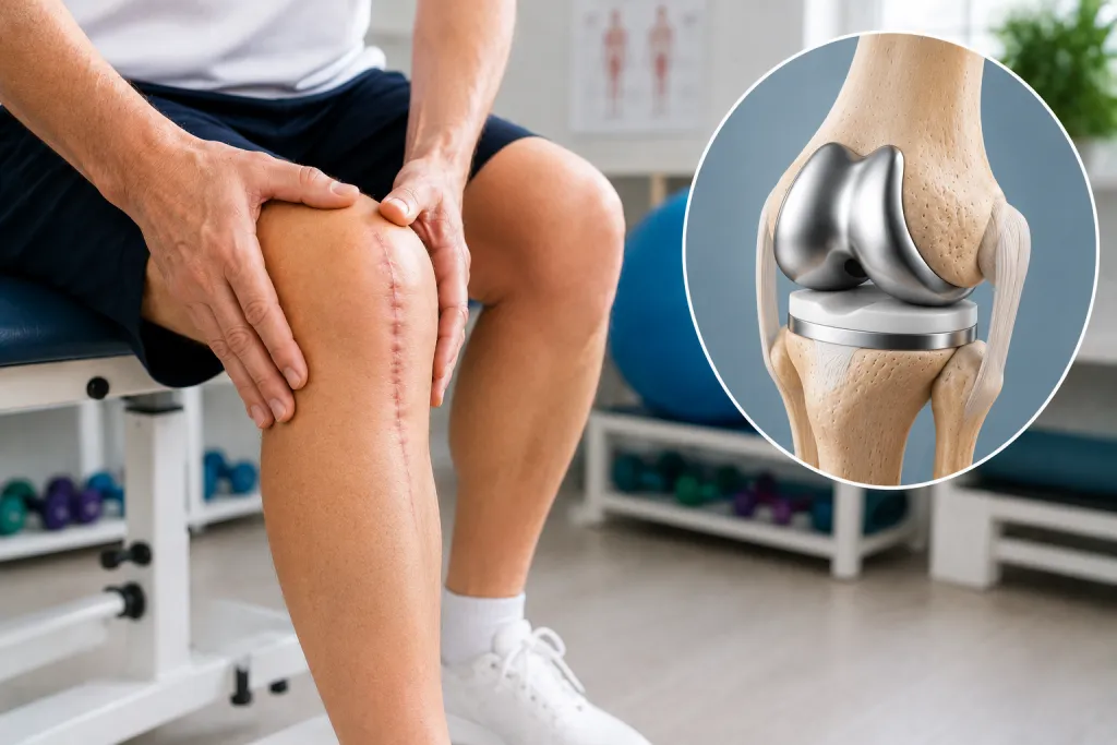 Paciente con prótesis de rodilla durante su proceso de rehabilitación con ilustración anatómica del reemplazo articular