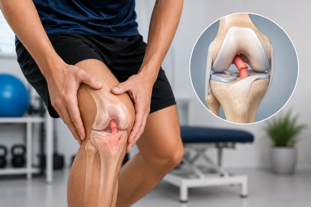 Persona con lesión del ligamento cruzado anterior (LCA) sujetando la rodilla con ilustración anatómica del ligamento