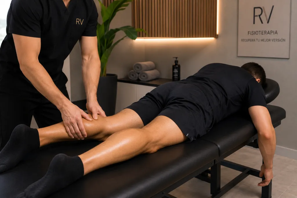 Fisioterapeuta realizando una descarga muscular en las piernas de un deportista