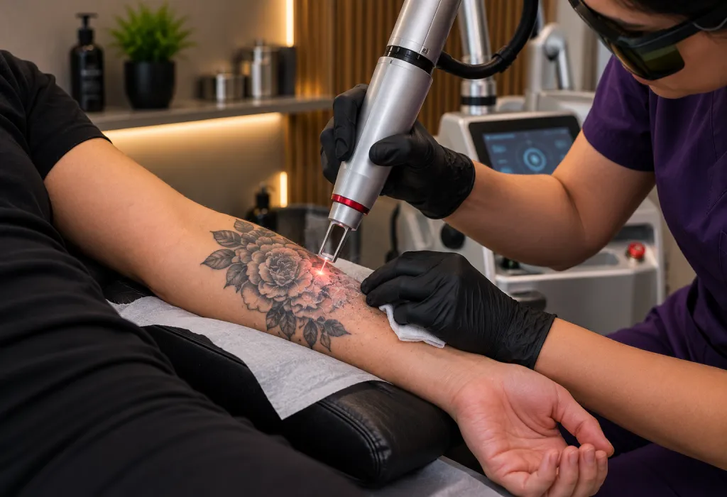 Procedimiento de eliminación de tatuaje con láser durante una sesión de tratamiento