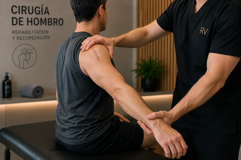 Paciente en rehabilitación con fisioterapia después de una cirugía de hombro