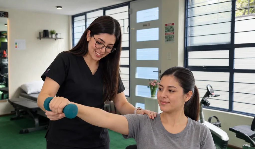 Fisioterapeuta guiando un ejercicio de hombro con mancuerna durante una sesión personalizada de fisioterapia en Toluca.