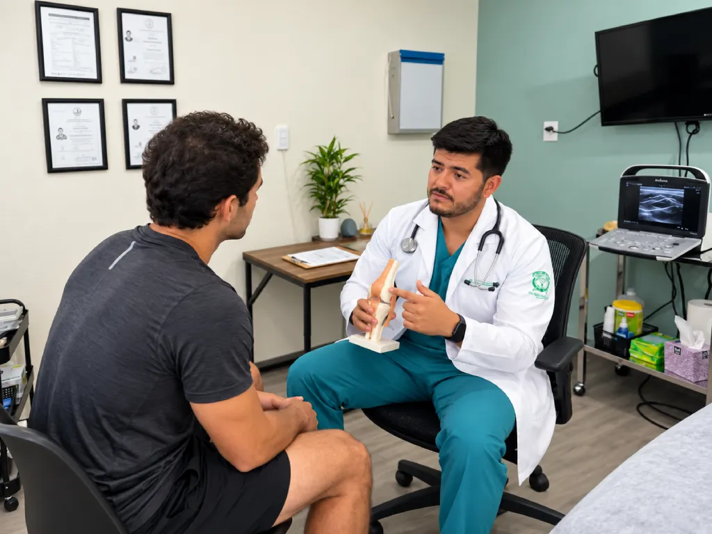 Médico del deporte realizando una valoración física a un paciente deportista