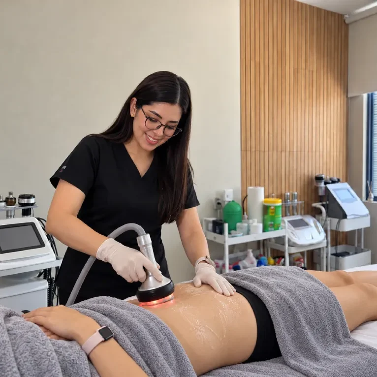 Fisioterapeuta aplicando aparatología en el abdomen de una paciente durante una sesión de fisioterapia dermatofuncional en Toluca.