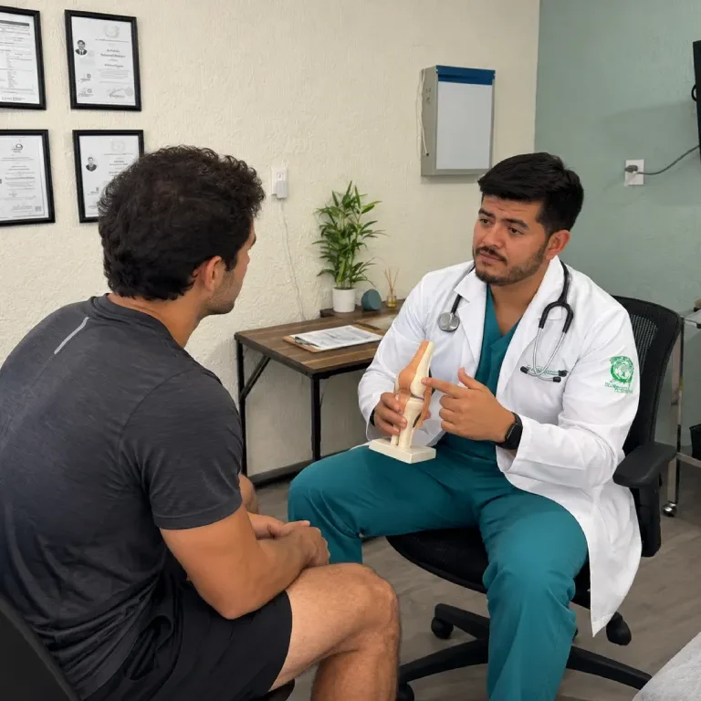 Médico del deporte explicando un modelo anatómico de rodilla a un paciente durante una consulta en Toluca.
